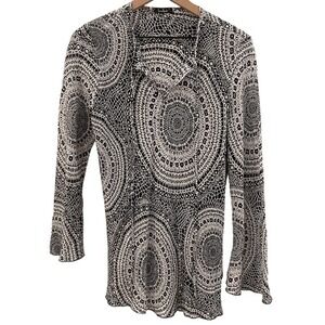 Loco Lindo Y2K Silk Black and White Tunic‎ Bell Sleeve Blouse Size Small Fairy